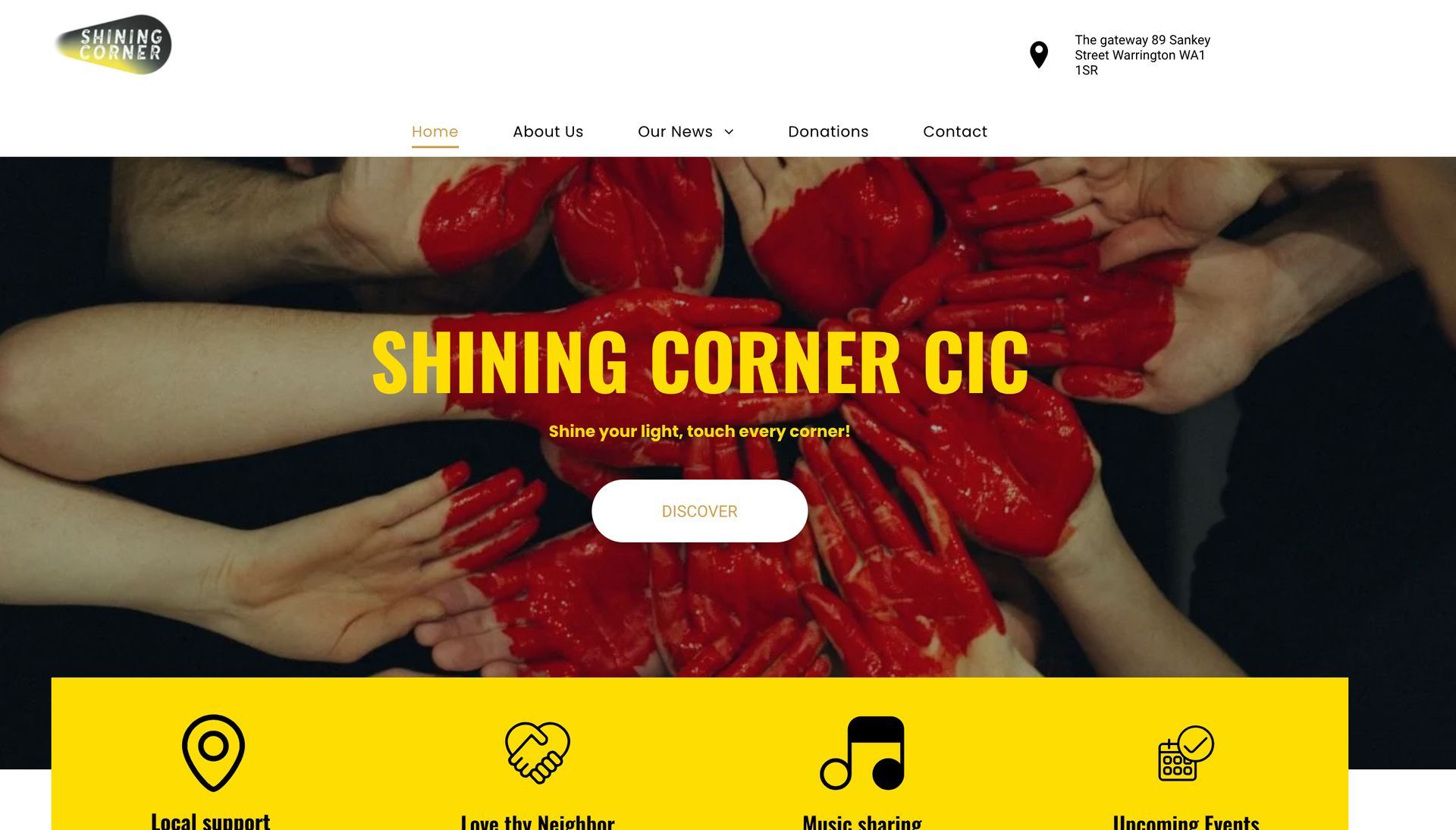 Website header: Shining Corner CIC with hands in red paint, Get Help button.