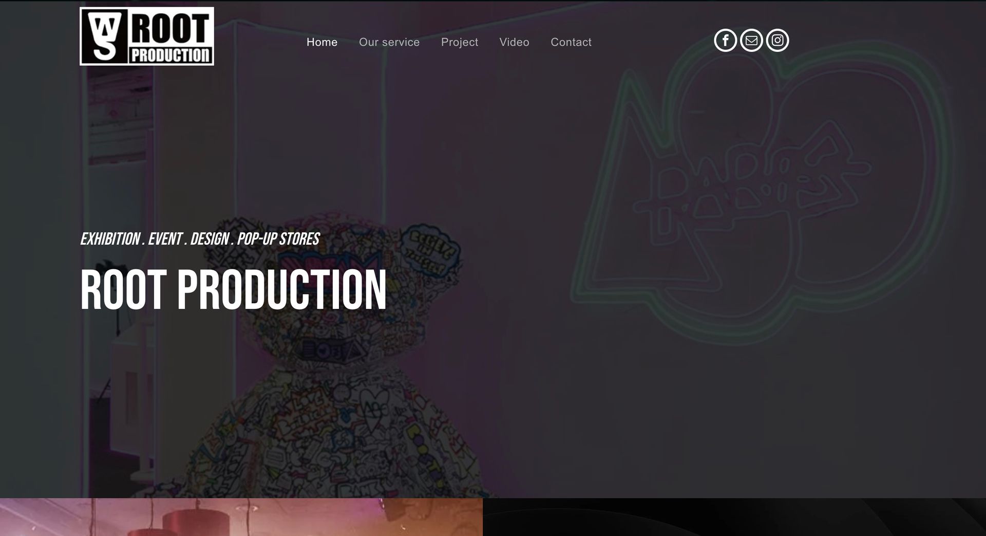 Root Production website with a dark background and neon outline graphic.