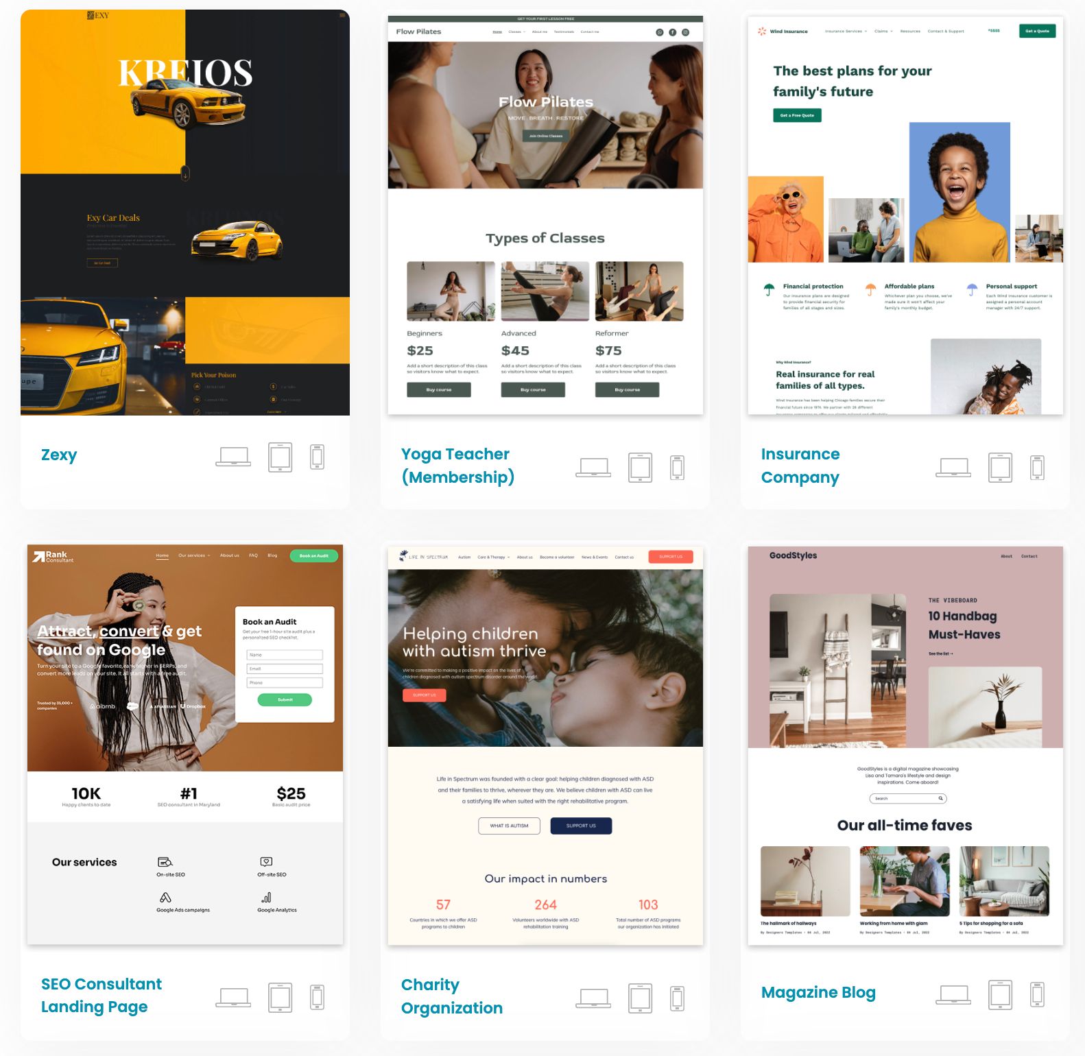 Six website layouts showcasing diverse content: cars, yoga, and home decor.