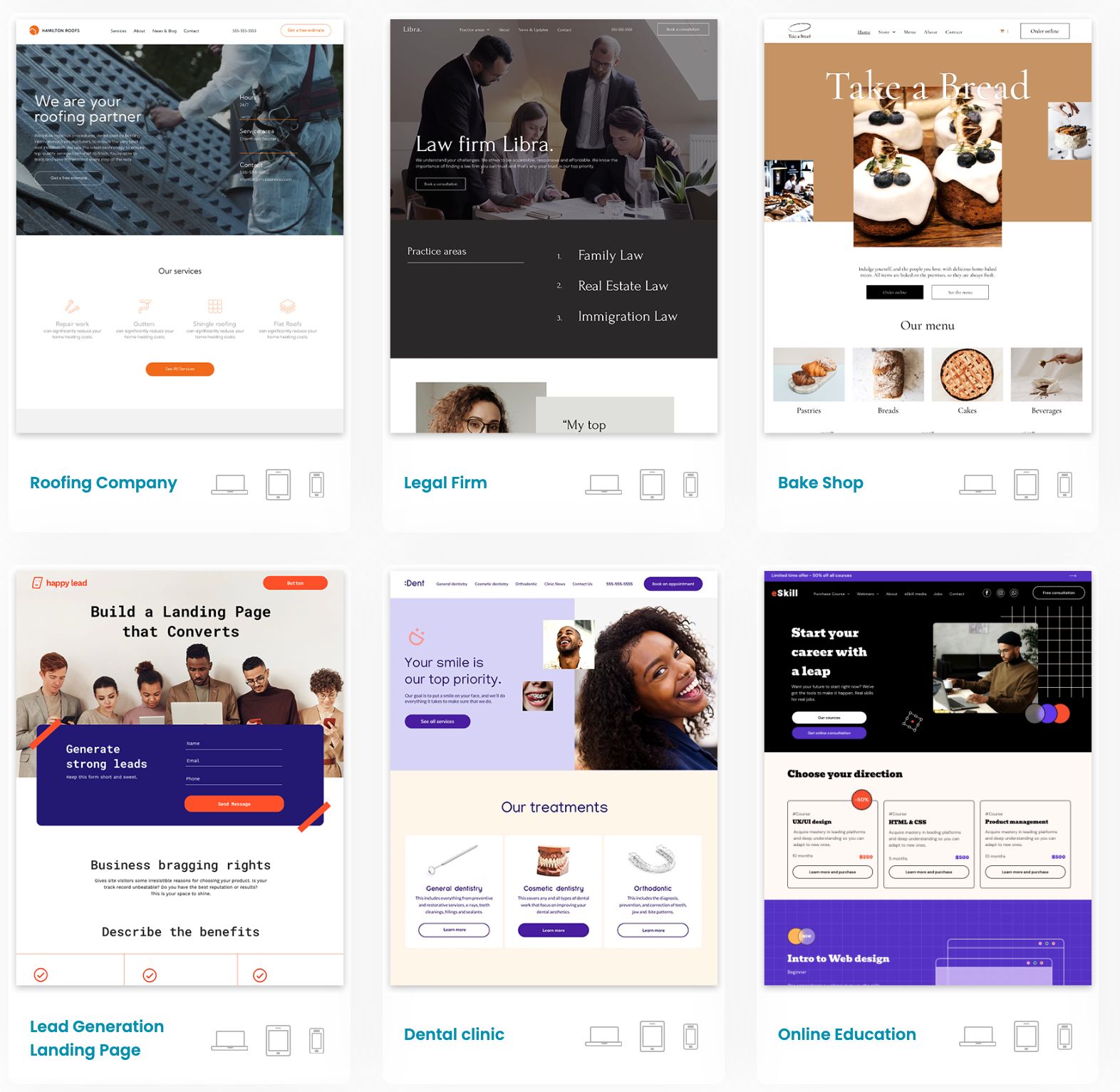Website design templates for various businesses, displaying homepage layouts.