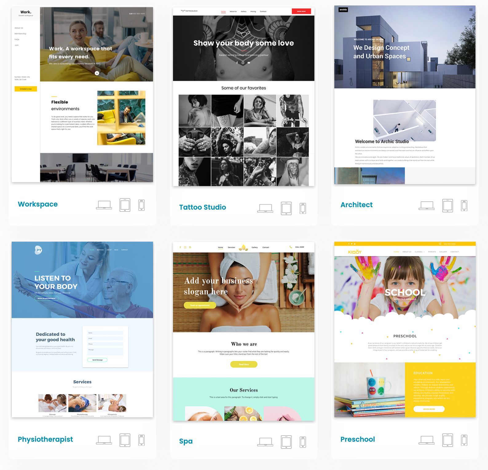 Website examples showcasing different designs and themes.