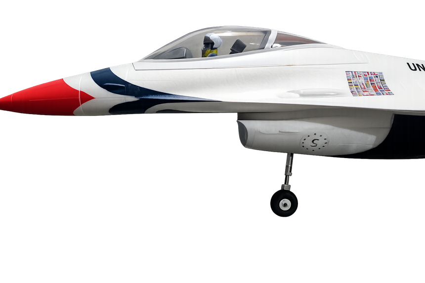 U.S. Air Force Thunderbirds jet, white with red and blue accents, nose wheel down.