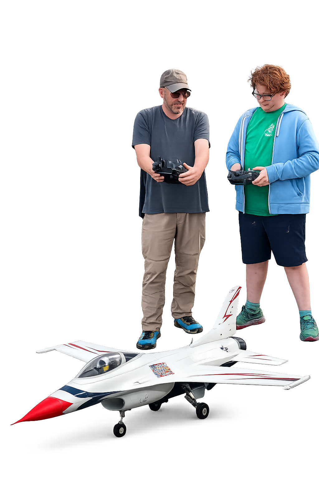 Two people with remote controls standing near a model jet plane; white, blue, and red colors.