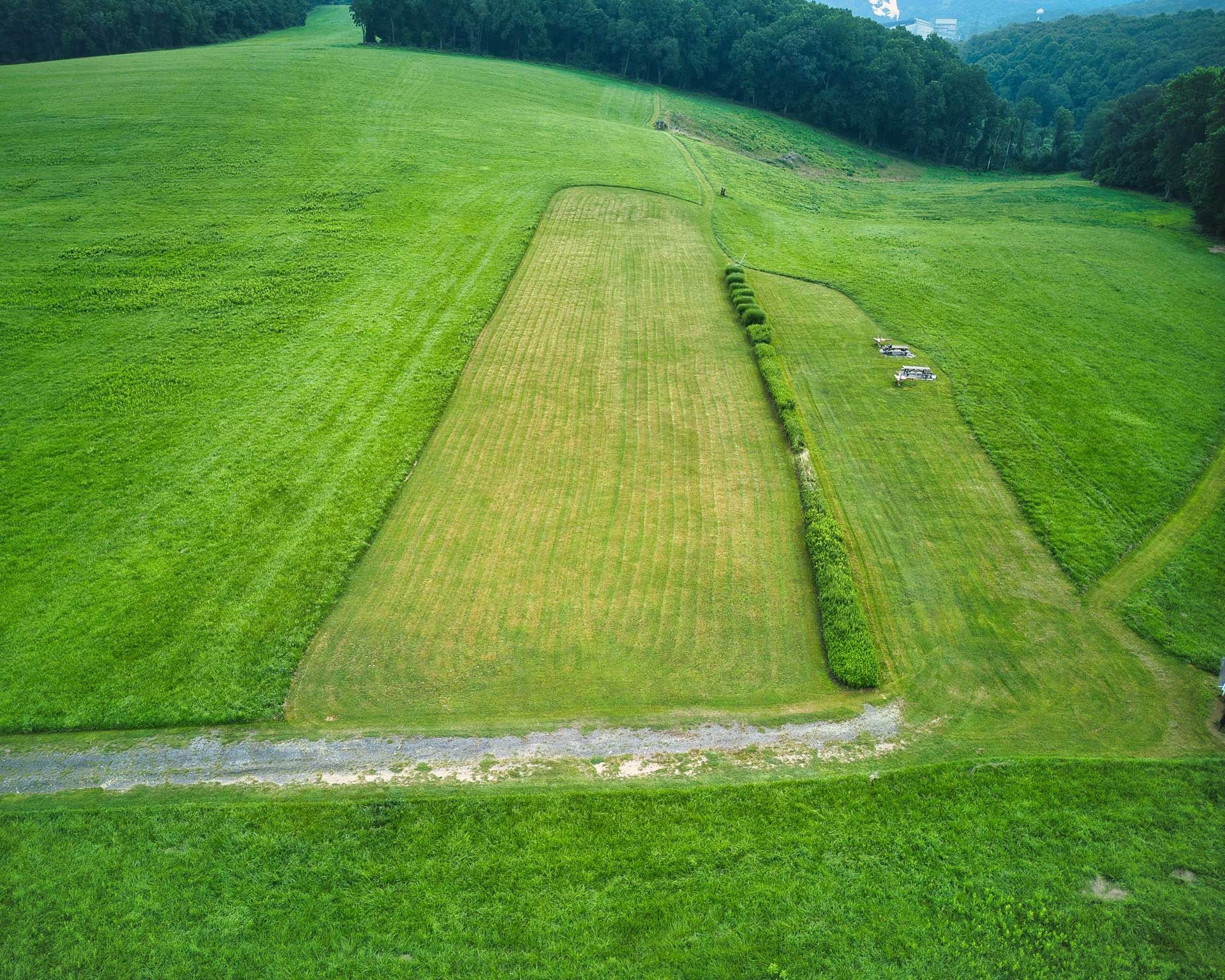 Aerial view of a rectangular field, light green, surrounded by vibrant green grass and trees.