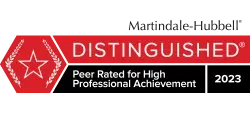 A red and black sign that says martindale hubbell distinguished peer rated for high professional achievement.