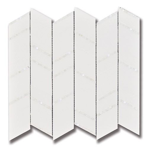 White tile mosaic in a zigzag pattern with thin, light-colored accents.