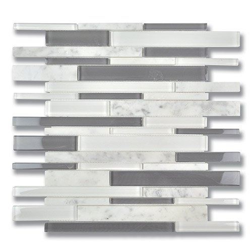 Mosaic tile with a mix of white, gray, and glass rectangular tiles.