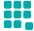 Nine turquoise squares arranged in a 3x3 grid, one square missing from the bottom right.