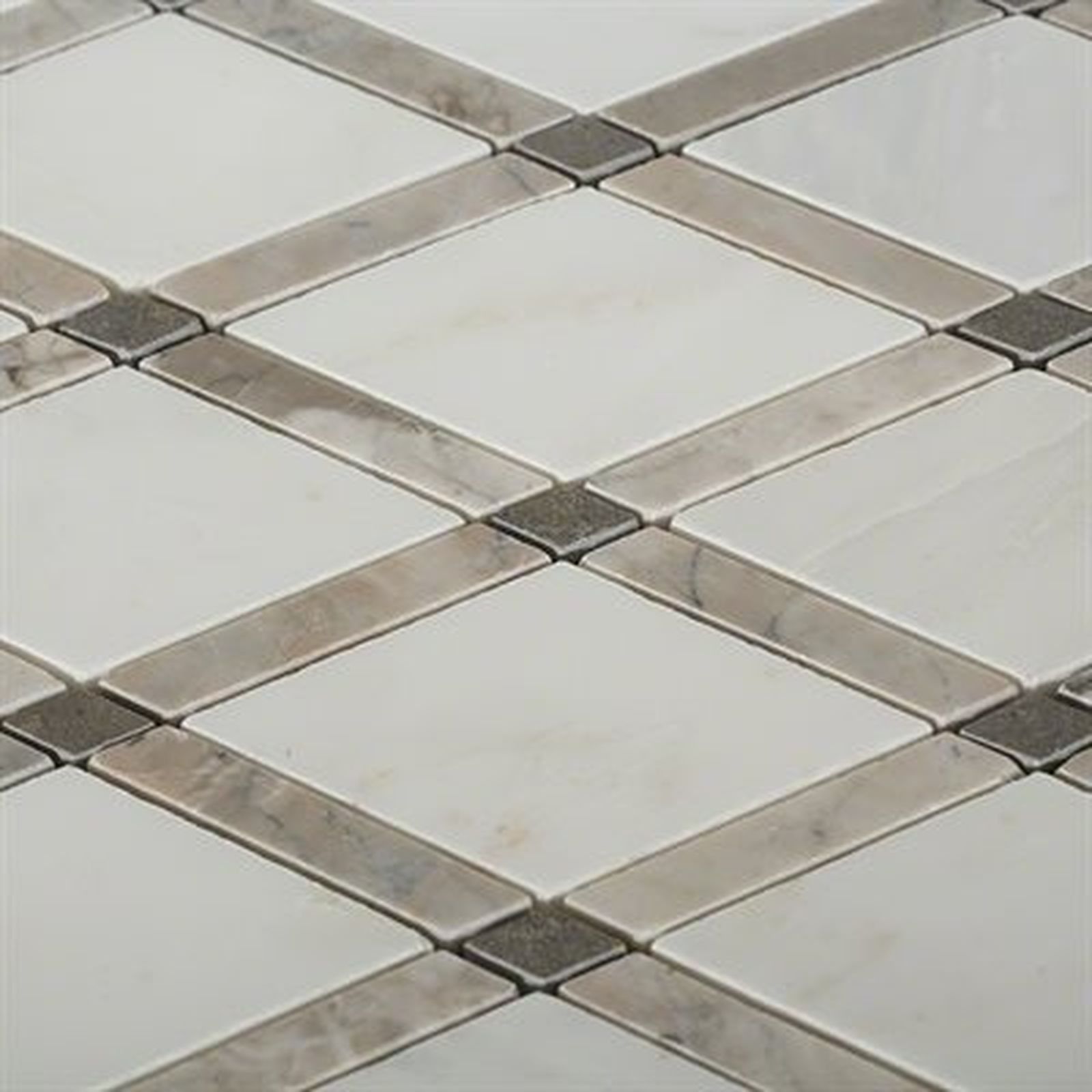 Diamond pattern tile in white, gray, and dark gray, forming a grid.