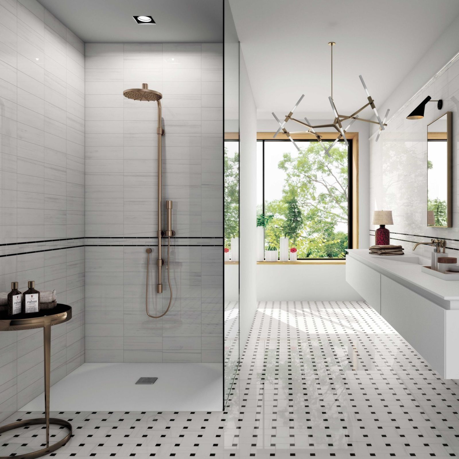 Modern bathroom with walk-in shower, gold fixtures, and black and white tiled floor.