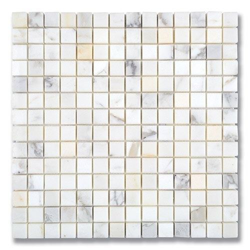 White marble mosaic tile, square pattern, with gray and beige veining.