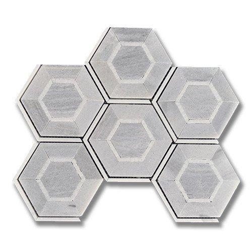 Gray hexagonal tiles arranged in a honeycomb pattern, with an inner hexagon design.