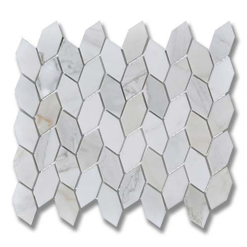 White and gray marble tile in a diamond-like pattern.