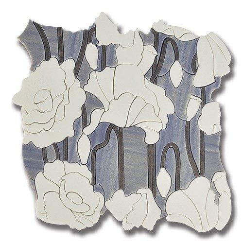Floral mosaic in white and gray, set against a blue background with abstract, curving stems.