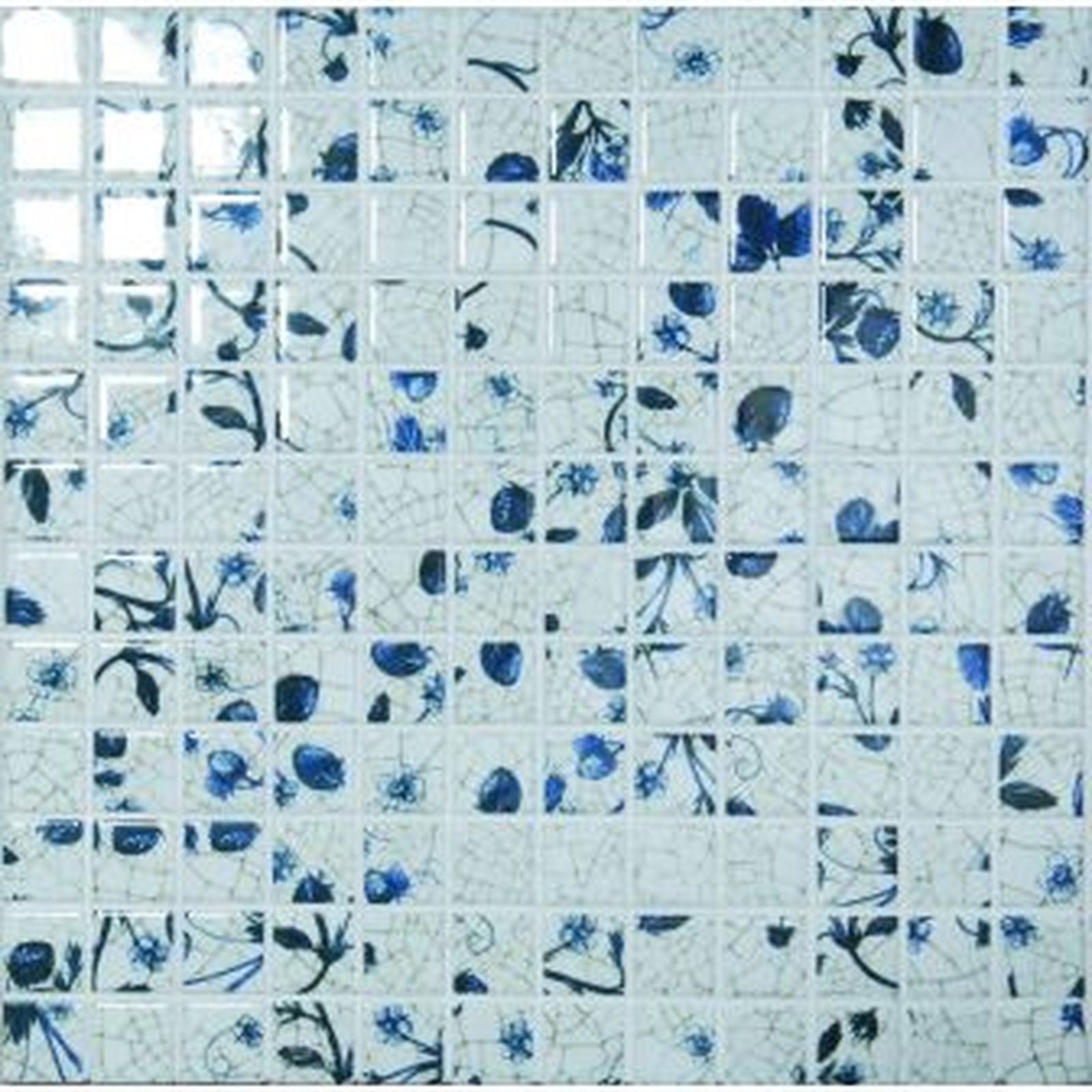 Blue and white floral mosaic tile pattern.