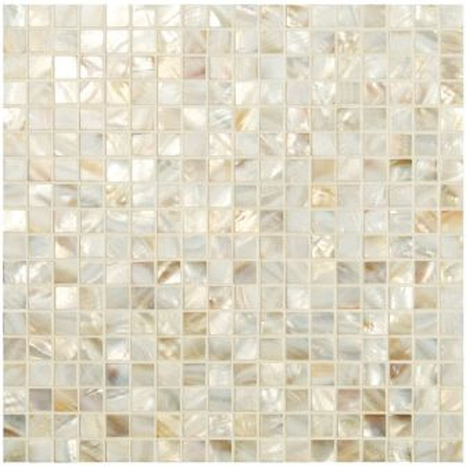 Mother of pearl mosaic tile in shades of white, beige, and gold.