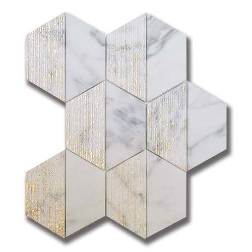 Hexagon tile mosaic in marble and gold, with a mix of textured and smooth surfaces.
