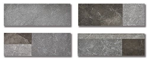 Four rectangular gray tiles, each with a different pattern and texture.