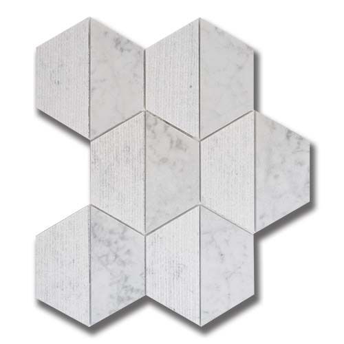White marble hexagonal tile mosaic. Textured and smooth tiles in a honeycomb pattern.