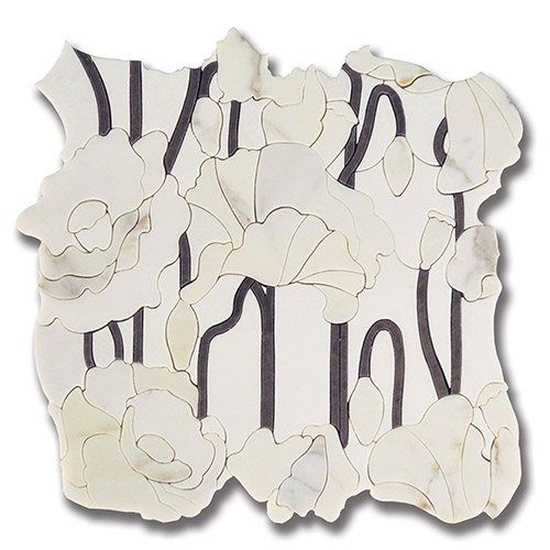White marble floral mosaic with dark gray stems.