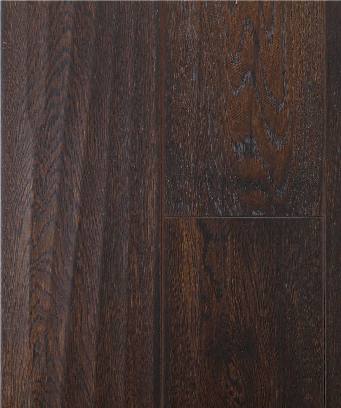 Dark brown wooden flooring, showing wood grain and texture.