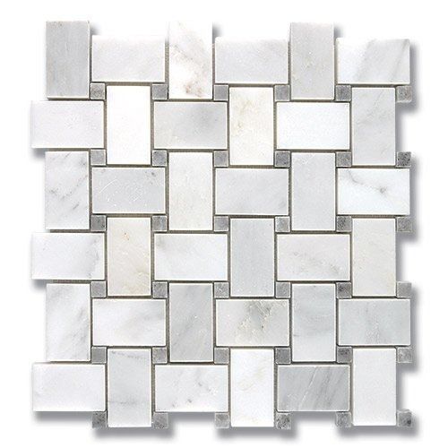 White and gray marble tile in a brickwork pattern.