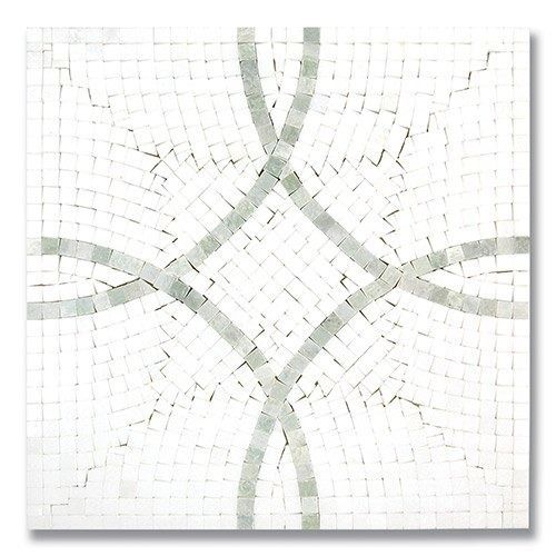 White mosaic tile with gray intersecting curved lines.