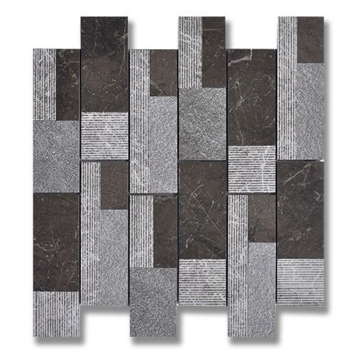 Mosaic tile pattern in dark gray and light gray rectangular shapes.