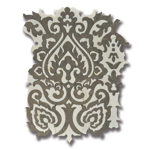 Gray and white patterned tile with an ornate floral design.