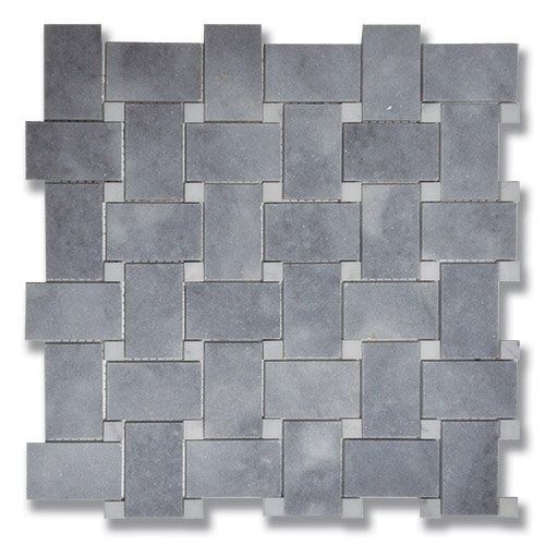 Blue and gray woven-pattern mosaic tile with light-colored grout.