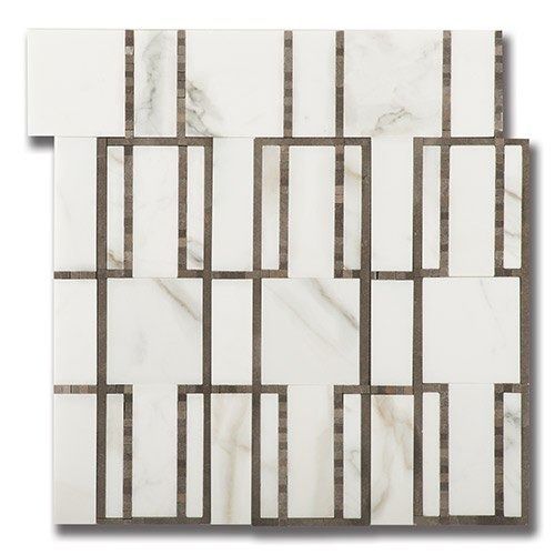 Geometric tile mosaic with white rectangular marble and dark brown framing.