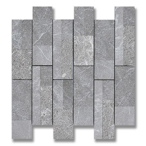 Gray stone tile mosaic with rectangular, textured pieces.