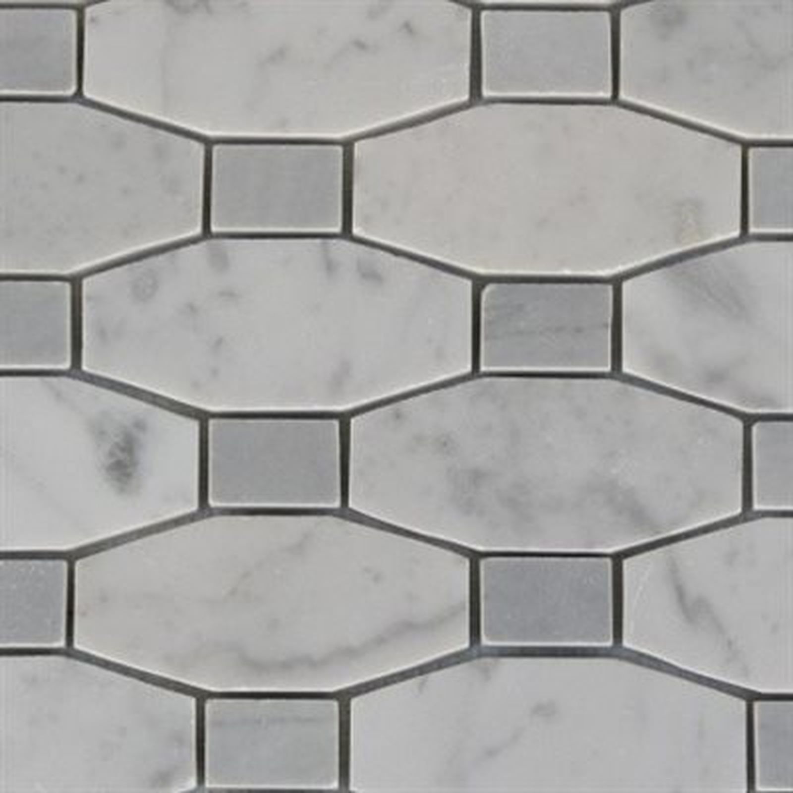 White and gray marble tile in a geometric pattern.
