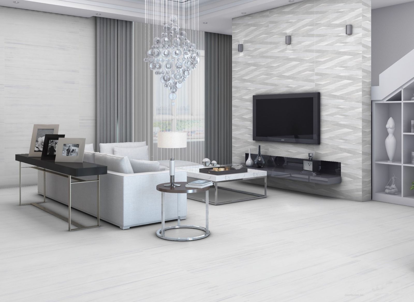 Modern living room in shades of white and gray with chandelier and TV.