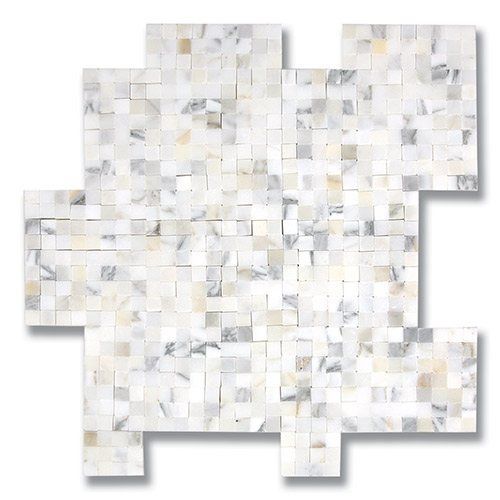 White marble mosaic tile, square tiles with gray and gold flecks.