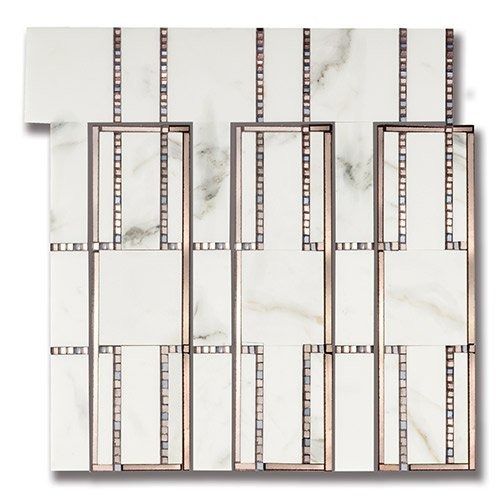 White marble tile mosaic with rose gold borders and accents.