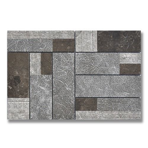 Stone tile with geometric pattern in gray, brown, and textured stripes.