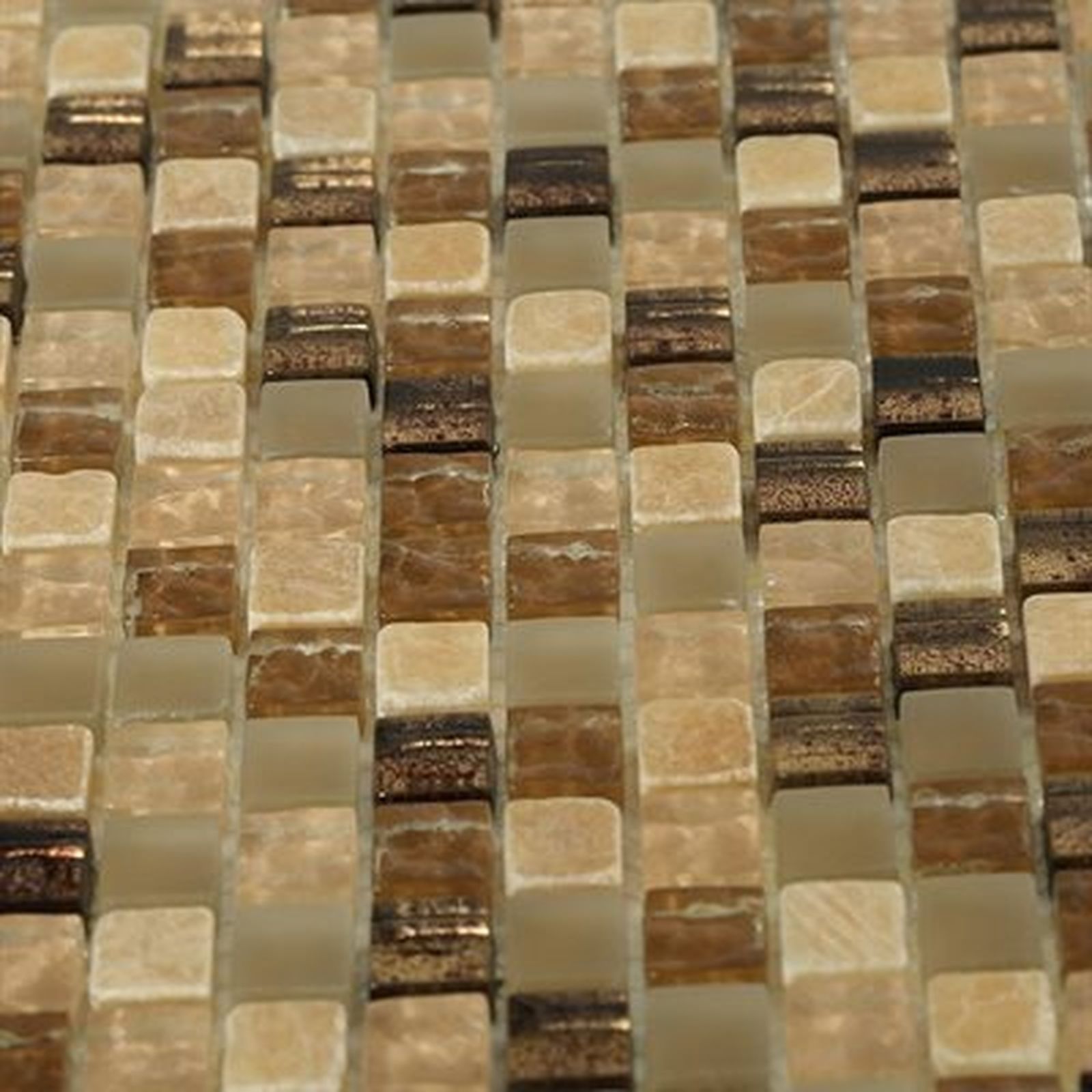 Close-up of a mosaic tile pattern in beige, light brown, and dark brown squares.