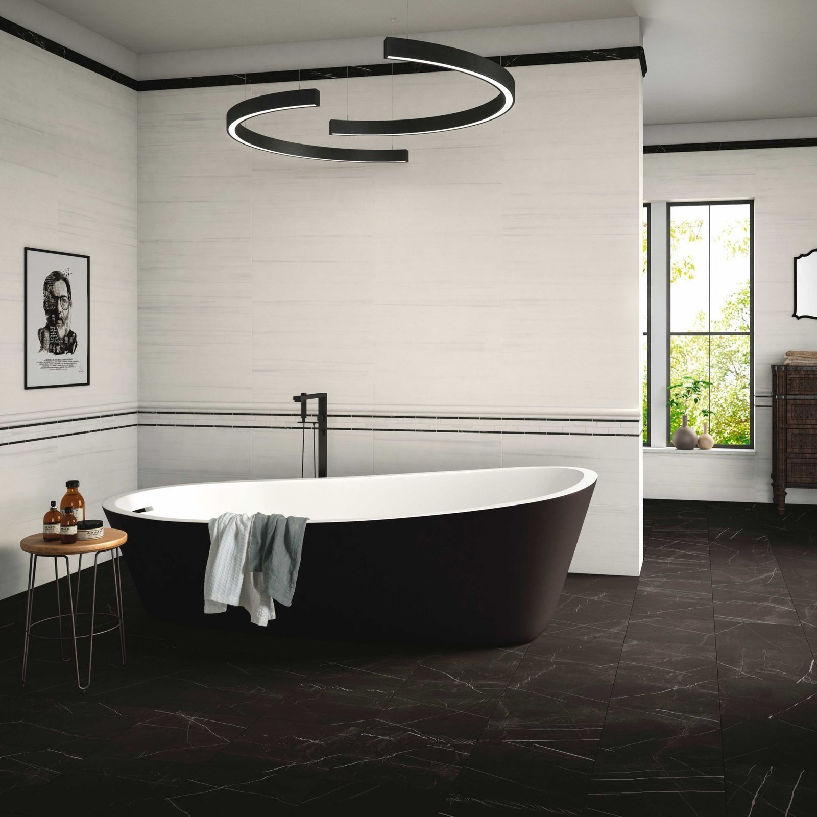 A modern black and white bathroom with a soaking tub and dark floor.
