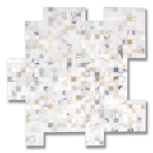 Mosaic tile in white, gray, and gold squares in a cross-like shape.