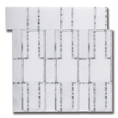 White and gray marble tile mosaic pattern with square and rectangular sections.