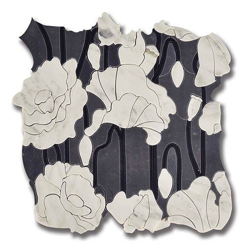Marble mosaic of white flowers on a dark gray background.