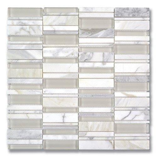 Mosaic tile with horizontal stripes of marble and glass in shades of white and gray.