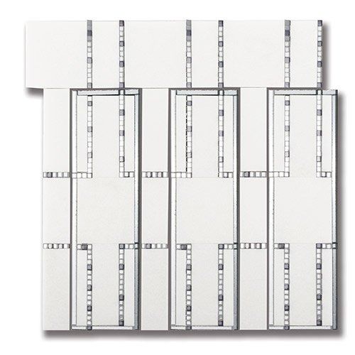 White and gray mosaic tile design with rectangular and square elements.