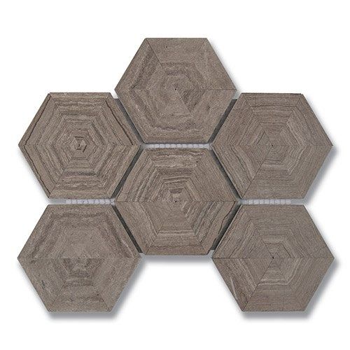 Seven gray hexagonal tiles arranged in a honeycomb pattern, showcasing a textured wood-grain design.