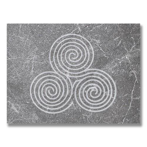 Three interlocking white spiral design on a textured gray background.