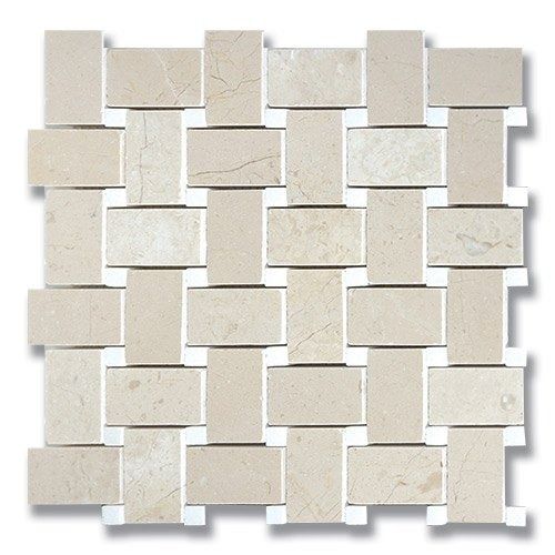 Beige rectangular stone tiles in a woven pattern, on a white mesh backing.