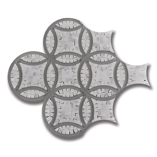 Gray and white stone tile in a repeating circular pattern with a quatrefoil-shaped outer edge.