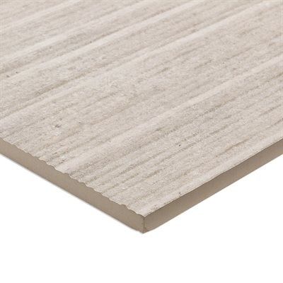 Beige textured tile with linear grooves, close-up view.