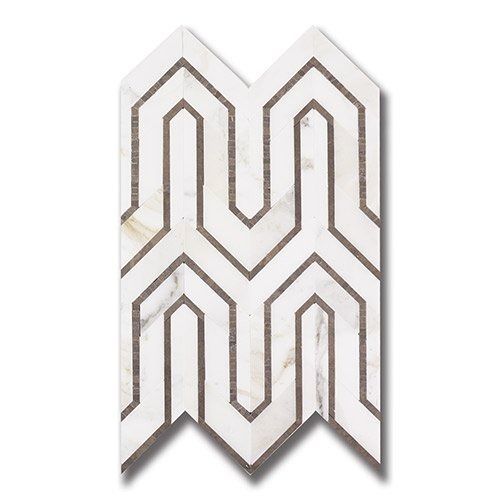 White marble tile with geometric gray pattern.